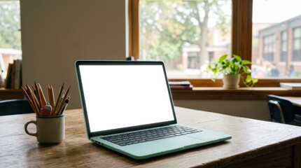 Fototapeta premium Modern Laptop on Wooden Desk Near Window with Green Plant.