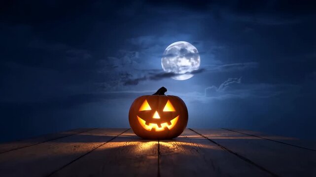 Glowing Halloween pumpkin on wooden table under full moon