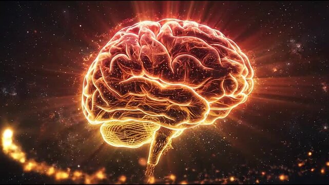 Radiant glowing orange brain symbolizing high intelligence and enlightenment.