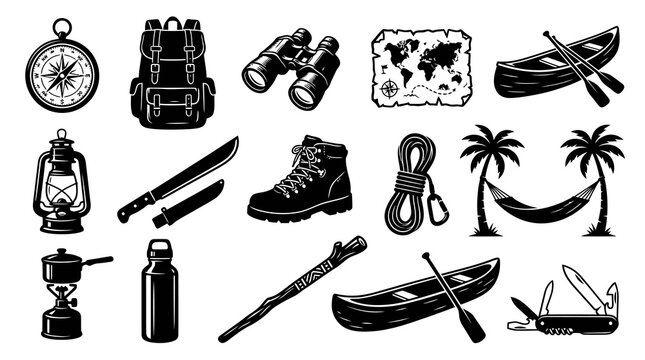 Camping Gear Icons: Black  White Vector Illustration of Outdoor Adventure Equipment