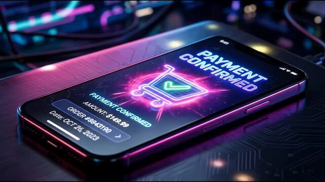 Smartphone displaying payment confirmed neon shopping cart.