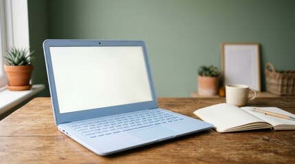 Fototapeta premium Modern Laptop on Wooden Desk with Open Book and Potted Plants in Cozy Workspace.