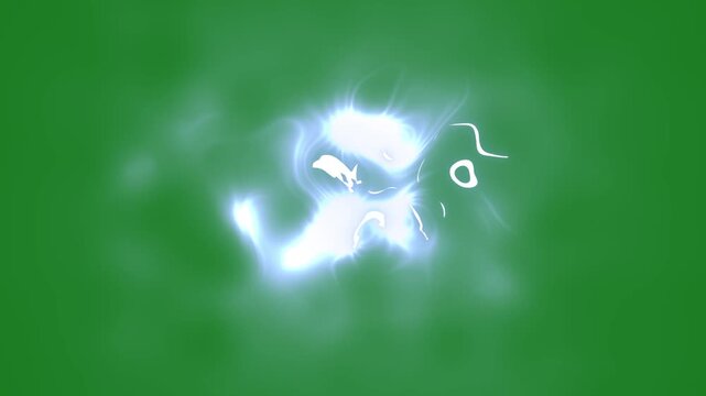 Cartoon electric thunder blast animation with hand drawn lightning arcs, glowing energy bursts and powerful flash effects, perfect vfx overlay on dark green background in 4k