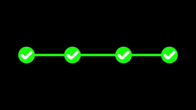 4 step infographic process with check mark icon animation. Animated Timeline Infographic Showing Step-by-Step Process success with check marks. Looping progress checkpoints.