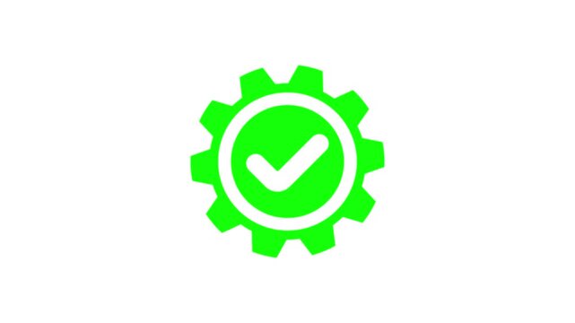 Gear icon with a vibrant green checkmark symbol centered inside representing successful process optimization.Circular check mark confirms optimal functionality or successful integration.