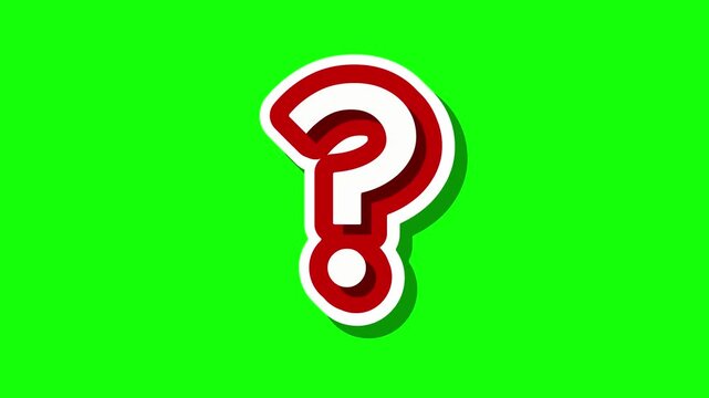 Animated cartoon red question mark bouncing on a green screen background for video editing chroma key overlay