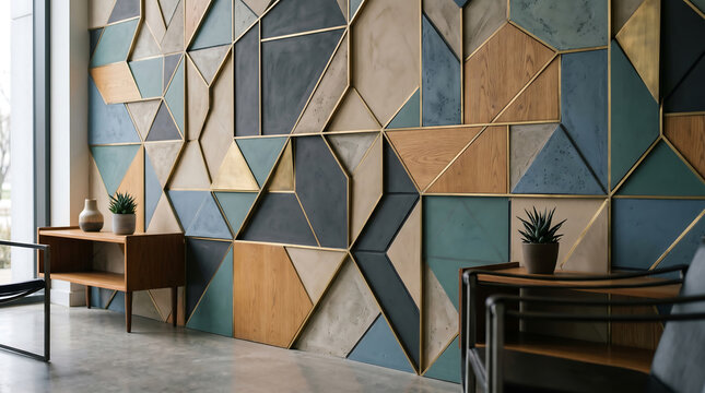 Modern Geometric Accent Wall Design with Wood and Metal Accents