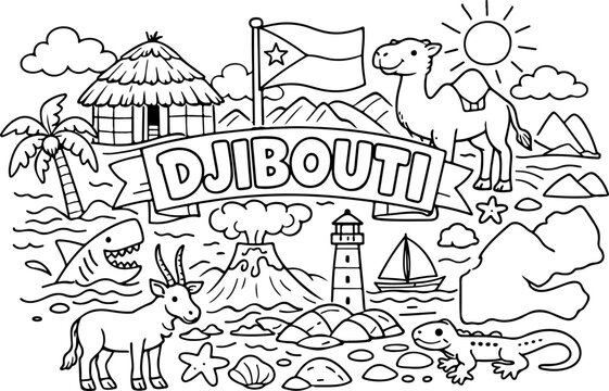 djibouti cartoon outline hand drawn Line Art illustration doodle art coloring page for kids