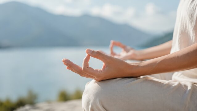 Hands resting on knees in the yoga gyan mudra position with palms facing up and fingers touching, set against a serene, out-of-focus natural landscape