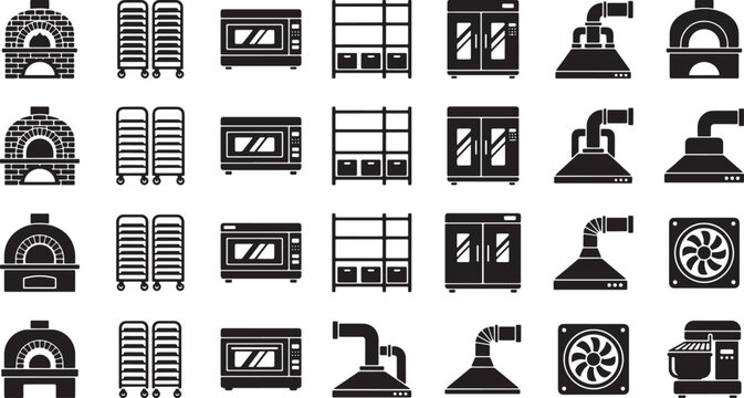 Commercial kitchen equipment icons set featuring ovens, ventilation hoods, storage racks, and food preparation machinery in vector