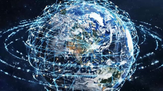 Planet Earth with global communication network lines.
