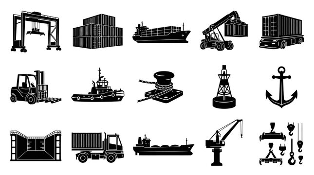 Black  White Glyph Icons for Shipping, Logistics, Maritime Cargo, and Port Industry