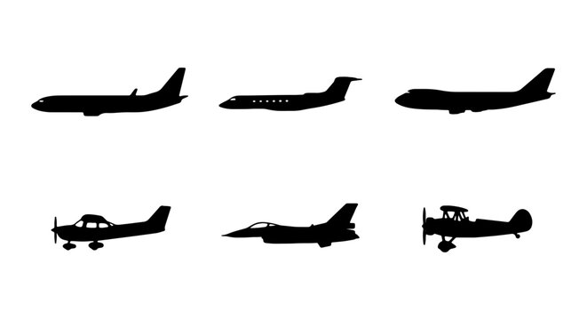 Airplane silhouettes vector set, commercial jet and military fighter plane icons, private aircraft and biplane side view shapes