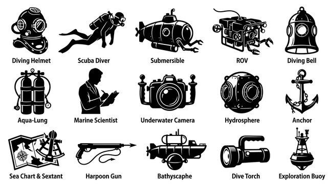 Black  White Line Art Icons of Marine Science and Underwater Exploration Equipment