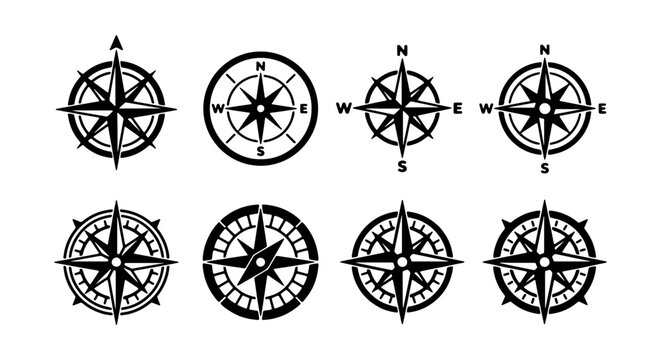 Vintage nautical compass rose icons, set of 8 black wind rose vector symbols, maritime navigation and travel map design elements