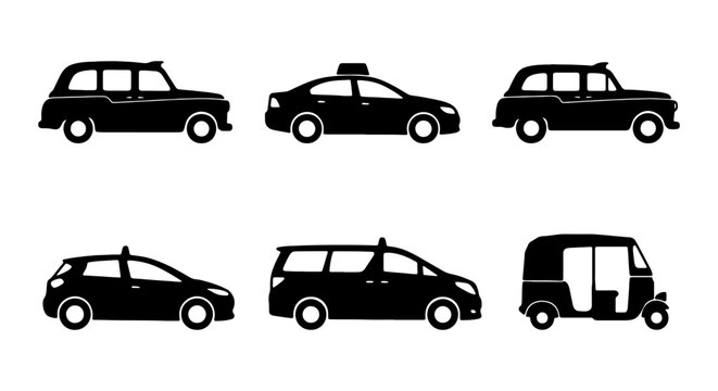 Black taxi silhouette icons set, 6 public transportation vehicle vectors, classic london cab and modern sedan taxi symbols, rickshaw and minivan transport