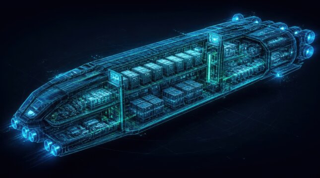 Futuristic Digital Cargo Ship Hologram for Smart Maritime Logistics and Global Shipping Technology