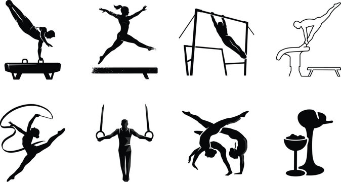 Gymnastics and rhythmic sport icon set featuring athlete silhouettes pommel horse balance beam rings and ribbon vectors in image_6af6a1.png