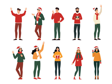 Peoples celebrating christmas graphic vector illustration set