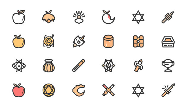 A collection of colorful Jewish holiday and cultural icons, including dreidels, menorahs, Stars of David, apples, and shofars, presented in a clean, outlined style.