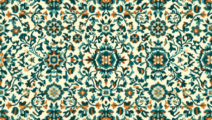 Intricate seamless pattern with traditional floral and geometric motifs in teal, orange, and cream colors, resembling a vintage textile design. © devi