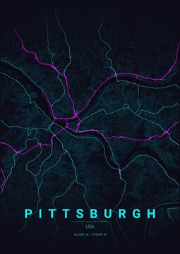 Modern Pittsburgh City Map Poster Design, Neon Cyberpunk Style Urban Street Grid Cartography