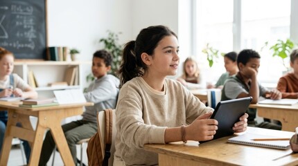 Fototapeta premium Young Female Student Using Digital Tablet in Classroom with Diverse Classmates.