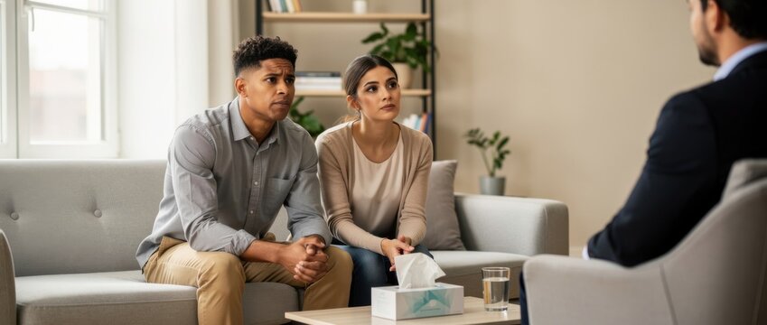 Couple Engaging in Counseling Session with Therapist in Cozy and Modern Living Room Setting for Emotional and Relationship Support