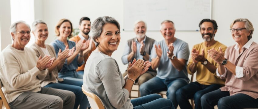 Group of people celebrating and applauding a happy woman in a supportive environment during a presentation or achievement recognition event