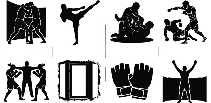 Mixed martial arts and combat sports icon set featuring mma fighter silhouettes referee cage and fingerless gloves vectors in image_6b6038.png