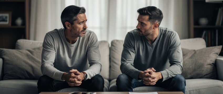Two men having a serious conversation on a couch in a cozy living room, reflecting on personal issues and emotional connections in a warm atmosphere