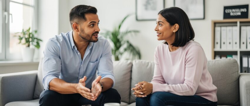 Young Professional Couple Engaged in Thoughtful Conversation in Modern Office Space with Natural Light and Minimalist D&eacute;cor