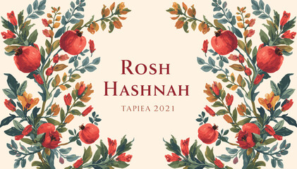 A beautiful Rosh Hashanah greeting card featuring pomegranates, flowers, and foliage in a decorative border, with the text "Rosh Hashanah" and "TAPIEA 2021" centered. © devi