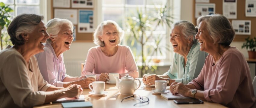 Joyful group of senior women enjoying laughter and tea together in a cozy and bright community space, celebrating friendship and connection among peers