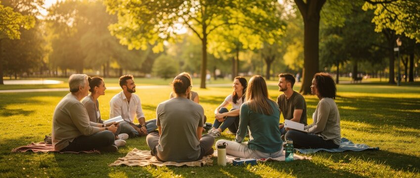 Group of Friends Engaging in a Circle Discussion Surrounded by Nature in a Vibrant Park During Golden Hour