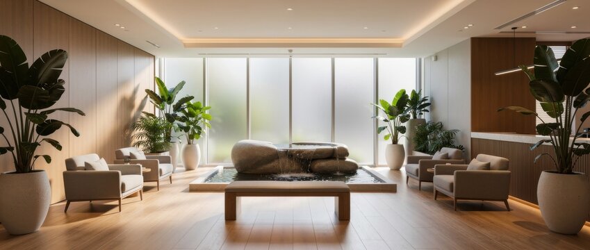 Modern spa interior design showcasing a serene relaxation space with natural light, elegant furniture, and lush greenery for ultimate tranquility experience