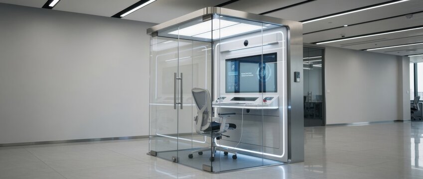 Sleek and Modern Glass Enclosure with Ergonomic Chair and High-Tech Control Panel in Contemporary Office Space