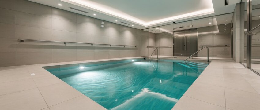 Modern indoor swimming pool with clear water, sleek design, ambient lighting, and elegant surroundings in contemporary fitness center environment