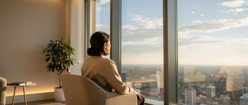 Woman Sitting in Modern Office Chair Gazing Out at Urban Skyline Through Large Glass Windows During Golden Hour Light