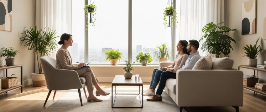 Professional therapy session in a modern living room with plants, natural light, and comfortable seating for emotional support and well-being conversation