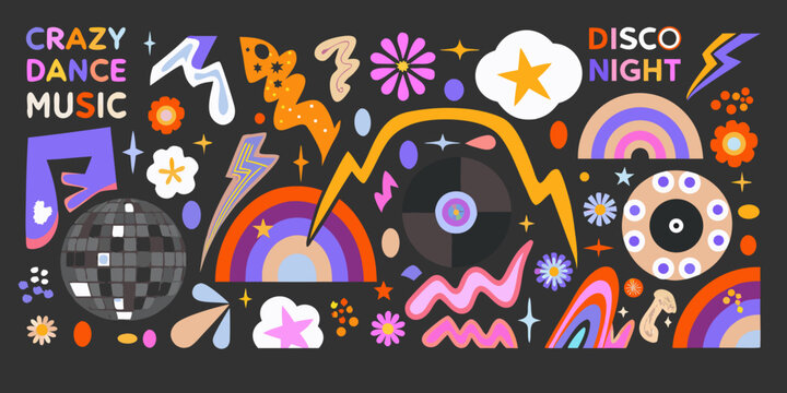 Retro disco themed floral ornament and starburst pattern vibrant colors