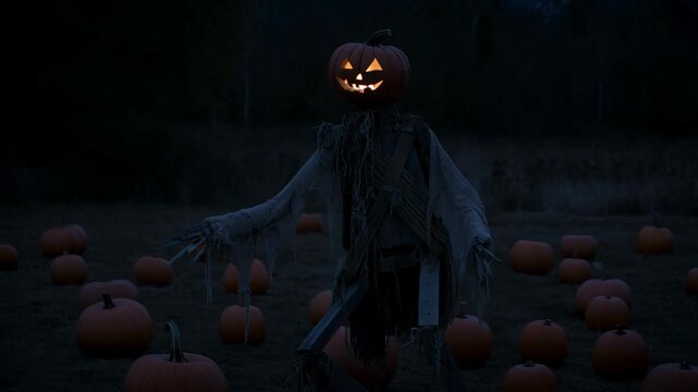 Creepy scarecrow with pumpkin head in dark pumpkin patch at night