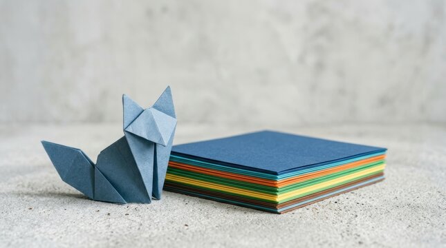 Colorful Paper Stack with Origami Cat Model on Neutral Background.