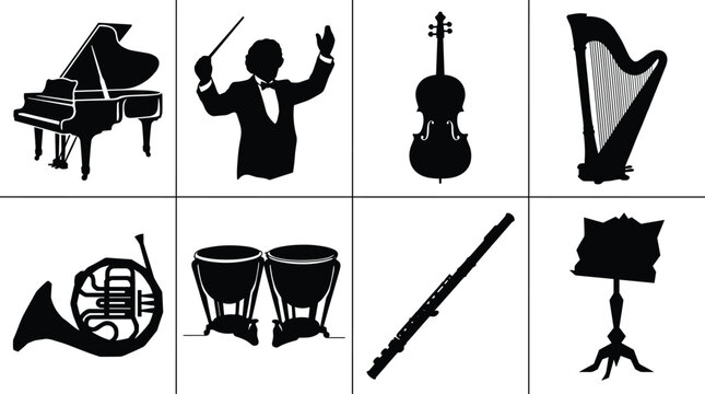 Classical orchestra and musical instrument icon set featuring grand piano conductor violin harp french horn timpani and flute