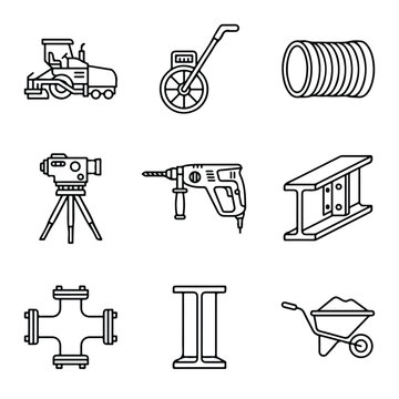 This vector image features a set of nine construction-related line icons, including tools, heavy machinery, and structural materials for engineering.