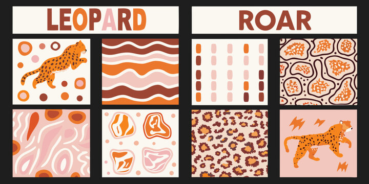 Leopard themed patterns and illustrations a collection of eight designs