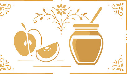 A stylized illustration featuring a halved apple, a wedge of apple, a jar of honey with a dipper, and decorative floral elements on a light background. © devi