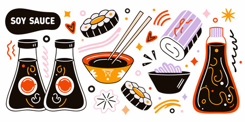 Soy Sauce Bottles And Sushi Elements Colorful Vector Illustration © gita