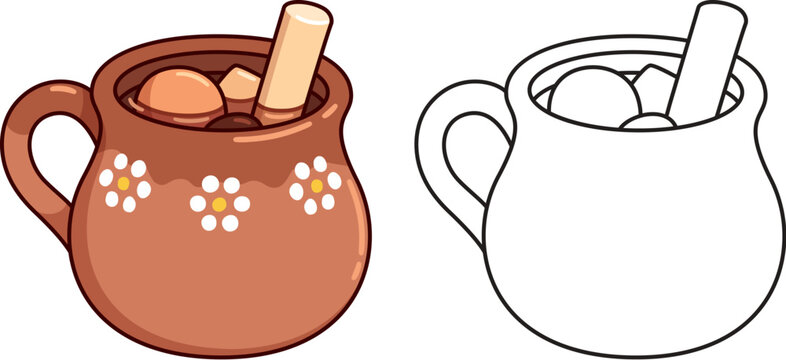 Mexican Ponche navide&ntilde;o  (Christmas fruit punch) in traditional clay cup. Color illustration and black and white line art for coloring. Vector clipart.