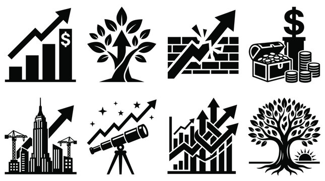 Financial growth and investment set featuring rising charts, money chests, skyscrapers, and tree growth